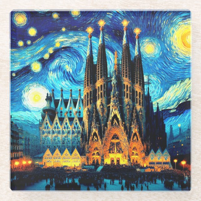 Starry Sagrada Familia Barcelona Glasuntersetzer (Vorderseite)