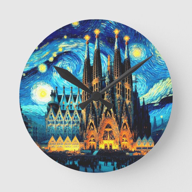Starry Sagrada Familia Barcelona Runde Wanduhr (Vorderseite)