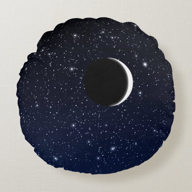 Starry Sky und Crescent Moon, Midnight Blue Rundes Kissen (Vorderseite)