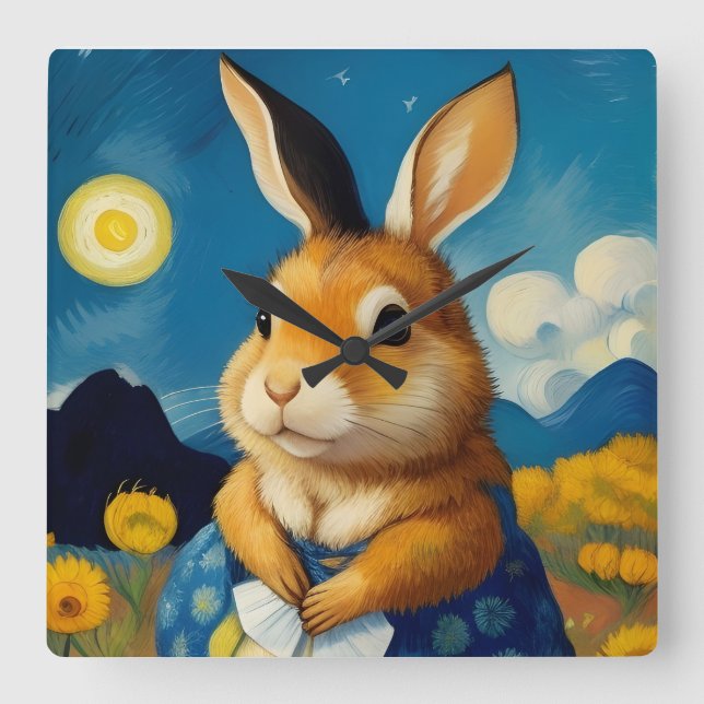 Starry Spring Bunny Clock Quadratische Wanduhr (Vorderseite)