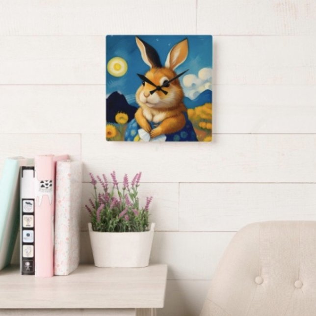 Starry Spring Bunny Clock Quadratische Wanduhr (Von Creator hochgeladen)