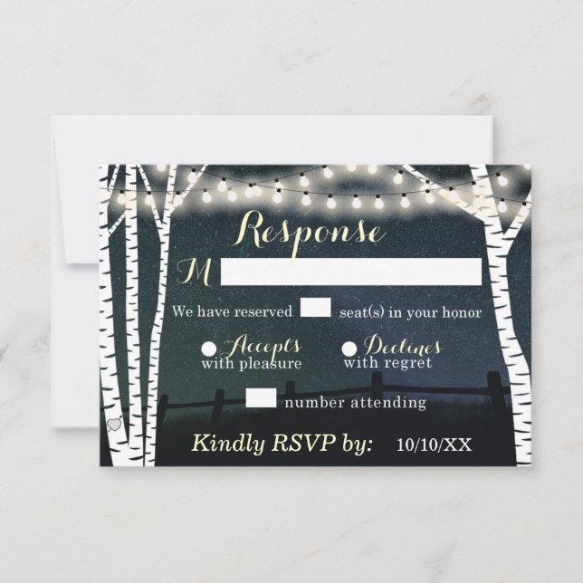 Starry String Light Birch Tree Wedding RSVP Cards Karte (Vorderseite)