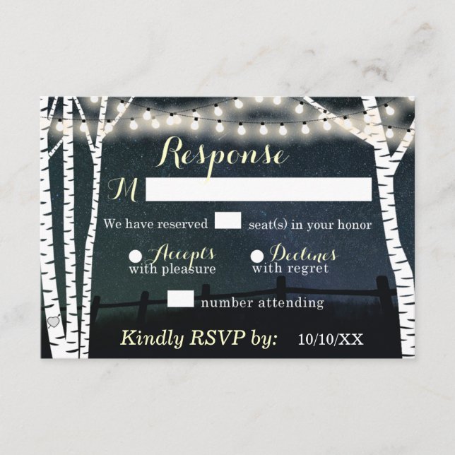Starry String Light Birch Tree Wedding RSVP Cards Karte (Vorderseite)