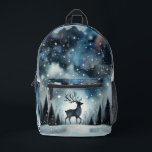 Starry Winter Night Deer  Bedruckter Rucksack<br><div class="desc">A graceful stag stands beneath a shimmering winter sky, framed by snow-dusted pines and delicate bare trees. The deep midnight blues fade into frosty whites, while stars and snowflakes scatter like jewels across the heavens. This dreamy woodland scene captures the quiet wonder of a snowy night, blending cottagecore warmth with...</div>