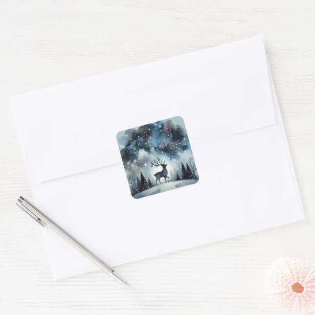 Starry Winter Night Deer Quadratischer Aufkleber (Umschlag)