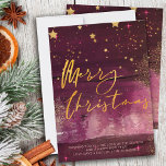 Starry Winter Night Frohe Weihnachts Ruby Gold Feiertagskarte<br><div class="desc">Starry Winter Nacht Frohe Weihnachtskarte mit eleganter goldener Schrift Kalligraphie. Dieses schicke und moderne Design vereint rubinfarbene Pinselstriche, goldene Sterne, Sternenhimmel, Goldstaub und einen miesen Wald. Es ist handschriftlich mit Frohen Weihnachten und die Vorlage ist für Sie Set, um Ihre personalisierte Begrüßung hinzuzufügen. Nicht-Foto-Design und einfach zu anpassen für Freunde...</div>