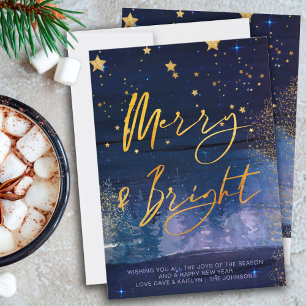 Starry Winter Night Merry and Bright Blue and Gold Feiertagskarte