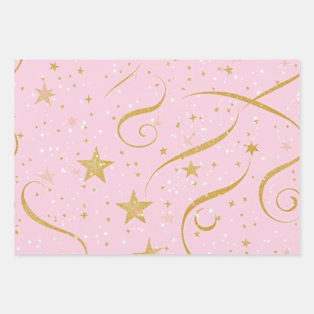 Starry Wrap - Pink & Gold Star Geschenkpapier (Vorderseite)