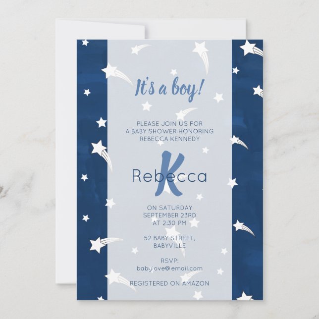 Stars Blue Watercolor Monogram Baby Shower Boy Einladung (Vorderseite)