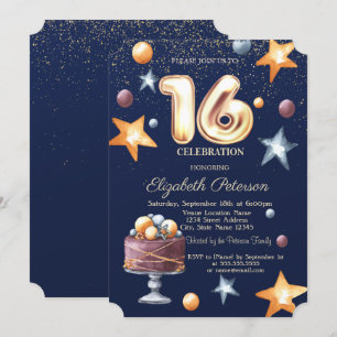 Stars Cake Confetti Sweet 16 Party Einladung
