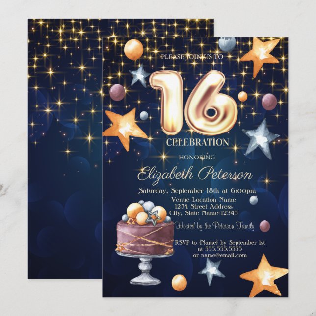 Stars Cake Marine Blue Sweet 16 Invitation (Devant / Derrière)