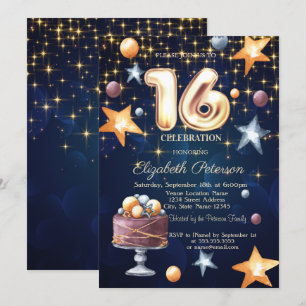 Stars Cake Navy Blue Sweet 16 Einladung