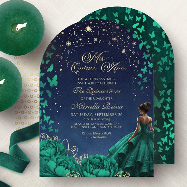 Stars Celestial Night Emerald Green Quinceanera Einladung (Von Creator hochgeladen)