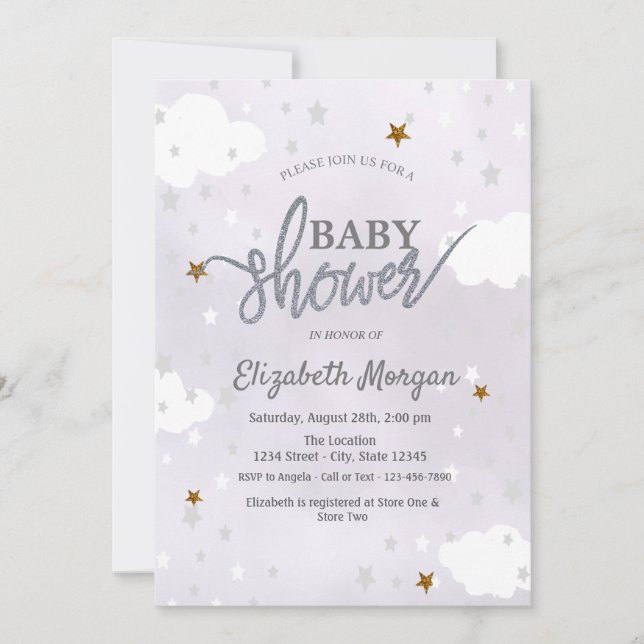 Stars & Clouds Lavender Baby Shower Einladung (Vorderseite)