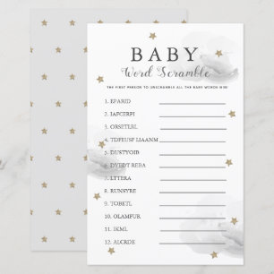 Stars & Clouds Word Scramble Baby Shower Grau Game