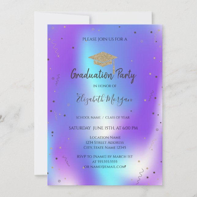 Stars Confetti Grad Cap Holographic Abschluss Einladung (Vorderseite)