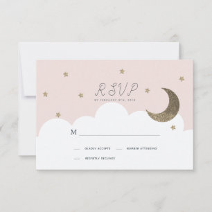 Stars & Crescent Moon Pink Girl Taufe UAWG RSVP Karte
