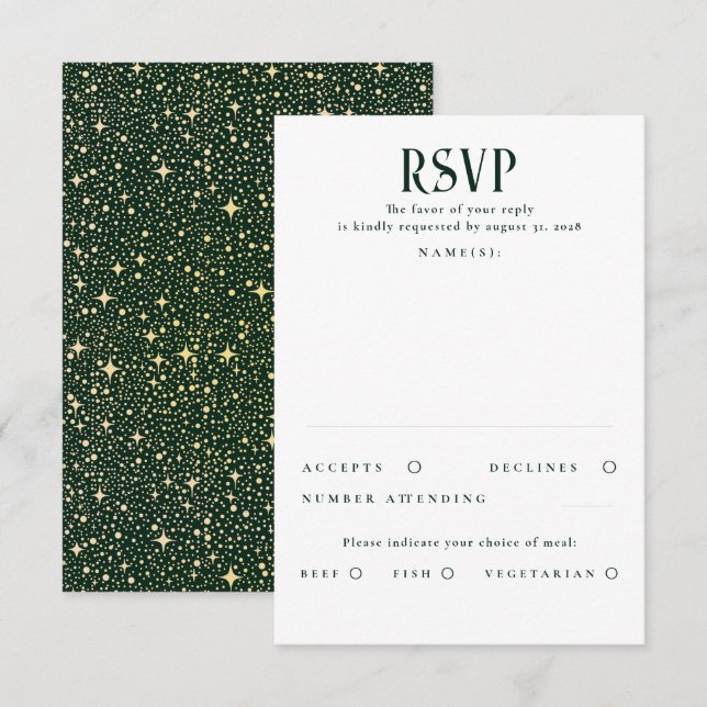 Stars Emerald Green et Gold Wedding RSVP (Devant / Derrière)