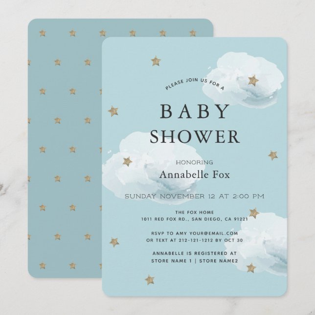 Stars & Fluffy Clouds Blauer Babydusche Einladung (Vorne/Hinten)