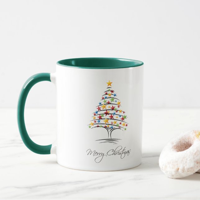 Stars Green Tree Frohe Weihnachten Tasse (Mit Donut)