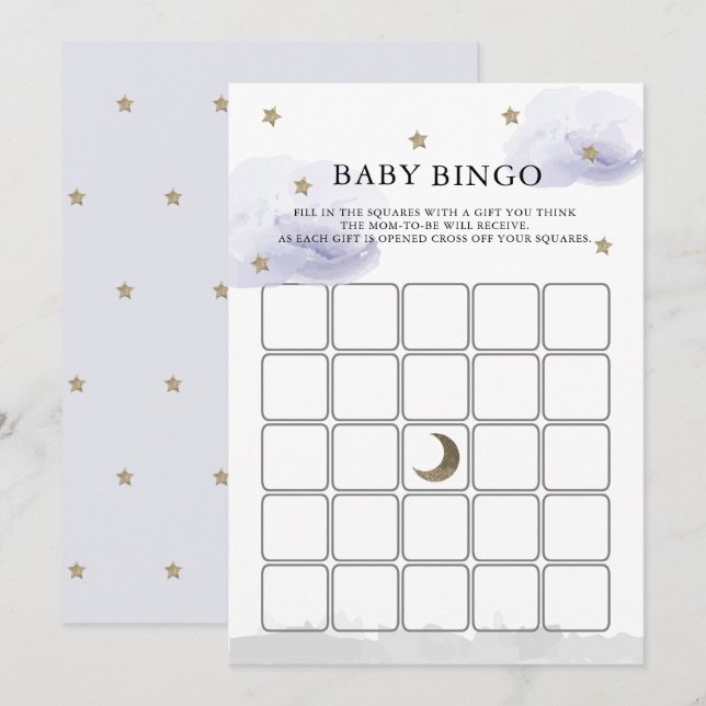 Stars Lavender Clouds Baby shower Bingo Carte de j (Devant / Derrière)