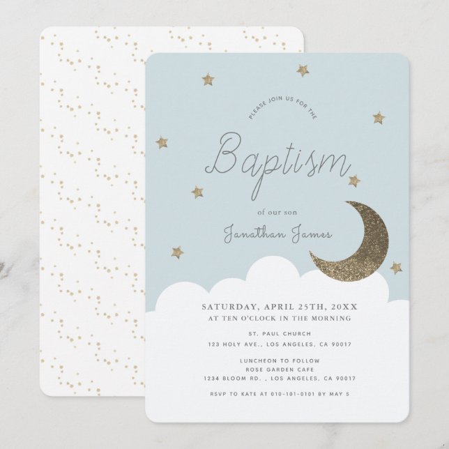 Stars & Moon Baby Blue Boy Taufe Einladung (Vorne/Hinten)