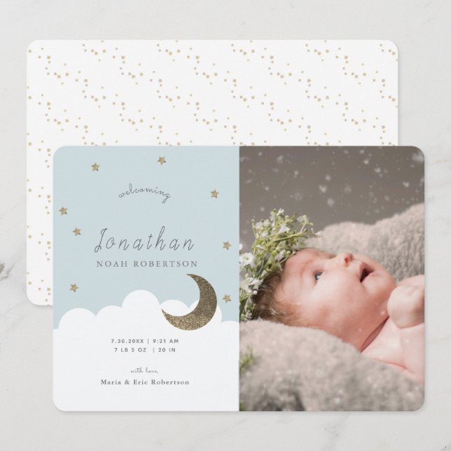 Stars & Moon Blue Boy Foto Geburtserklärung Einladung (Vorne/Hinten)