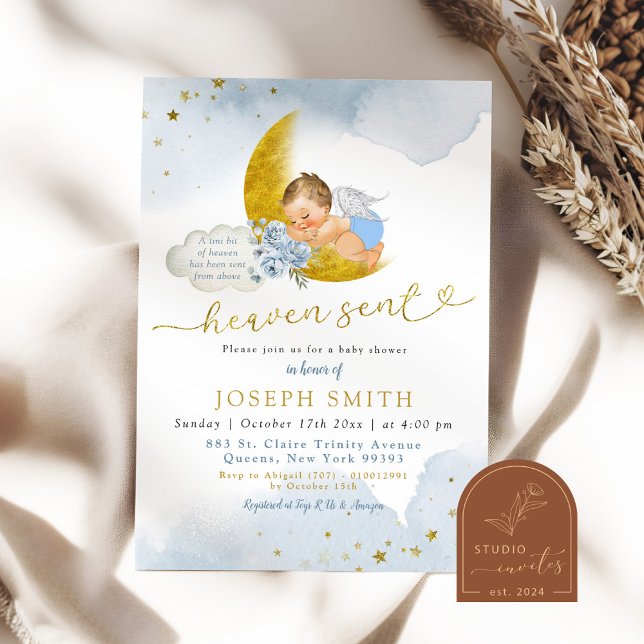 Stars Moon Blue Heaven Sent Blonde Baby Dusche Einladung (Von Creator hochgeladen)