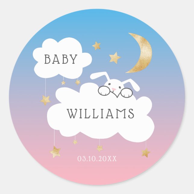 Stars Moon Bunny Pink Blue Gold Baby Dusche Runder Aufkleber (Vorderseite)