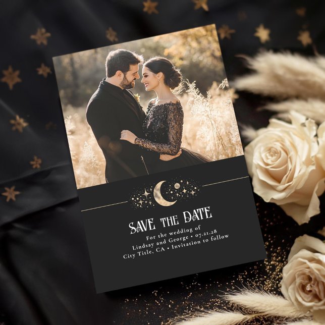 Stars Moon Celestial Black Save the Date Foto (Celestial Save the Date Photo Cards)