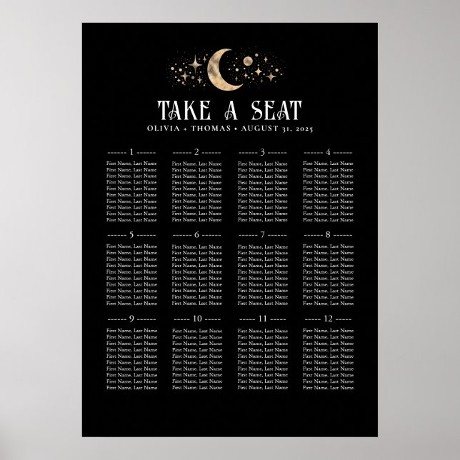 Stars Moon Celestial Black Wedding Chart Poster (Vorne)