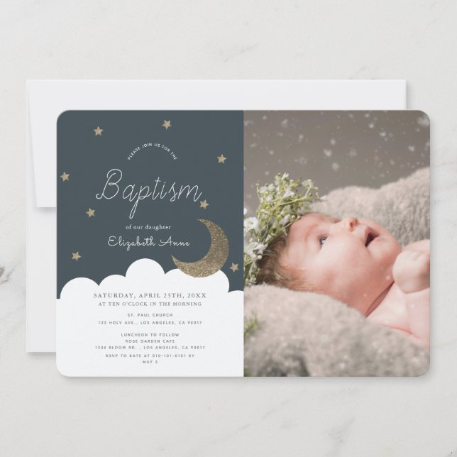 Stars & Moon Navy Blue Boy Foto Taufe Einladung (Vorderseite)
