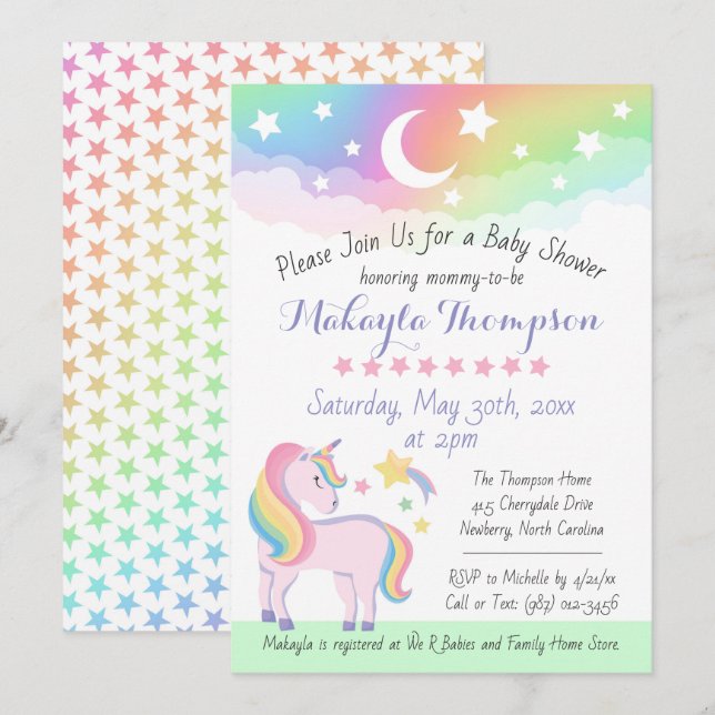 Stars & Moon Rainbow Magical Unicorn Kinderdusche Einladung (Vorne/Hinten)
