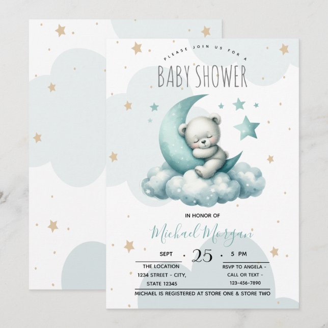 Stars Moon Wolken Green Teddy Bear Baby Dusche Einladung (Vorne/Hinten)