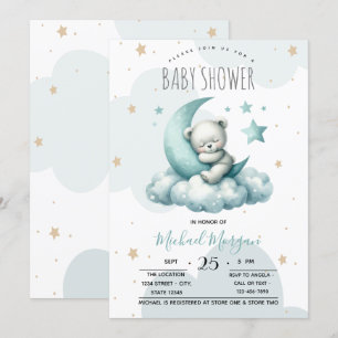 Stars Moon Wolken Green Teddy Bear Baby Dusche Einladung
