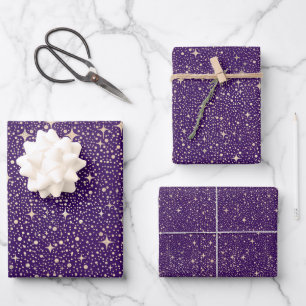 Stars Night Sky Celestial Lila und Gold Muster Geschenkpapier Set