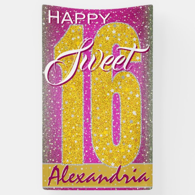 Stars Pink Glitzer Glitz | Sweet 16 Birthday Party Banner (Vertikal)