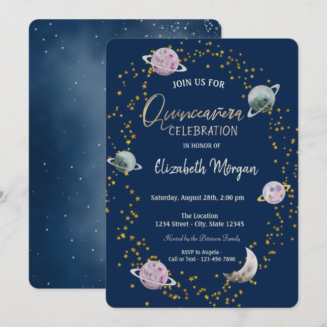 Stars Planets Galaxy Blue Quinceañera Einladung (Vorne/Hinten)