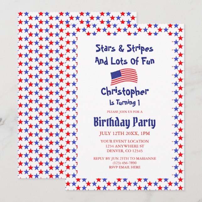 Stars & Streifen 1. Geburtstag Einladung (Vorne/Hinten)