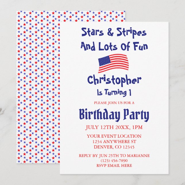 Stars & Streifen 1. Geburtstag Einladung (Vorne/Hinten)