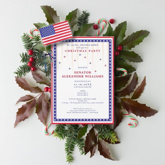 Stars & Stripes American Flag Christmas Fundraiser Einladung (Stars & Stripes American Flag Christmas Political Candidate Party Fundraiser Invitation)