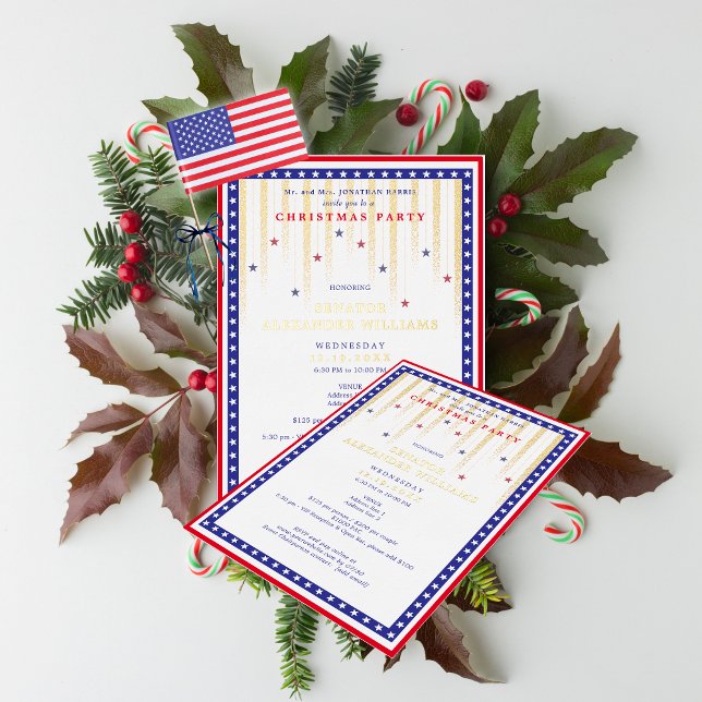 Stars & Stripes American Flag Christmas Fundraiser Folieneinladung (Stars & Stripes American Flag Christmas Political Candidate Fundraiser Foil Invitation)
