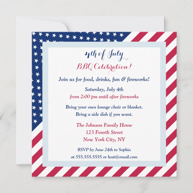 Stars Stripes Red White Blue 4. Juli GRILLEN Party Einladung (Vorderseite)