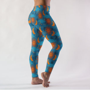 Stars Sun Moon Clouds Night Sky Blue Leggings