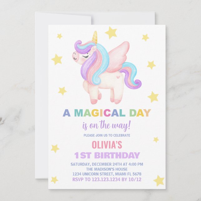 Stars Unicorn Einladung zum Geburtstag (Vorderseite)