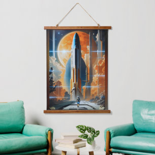 Start am Mittag - Fahrt zum Moon Retro Poster Wandteppich Mit Holzrahmen