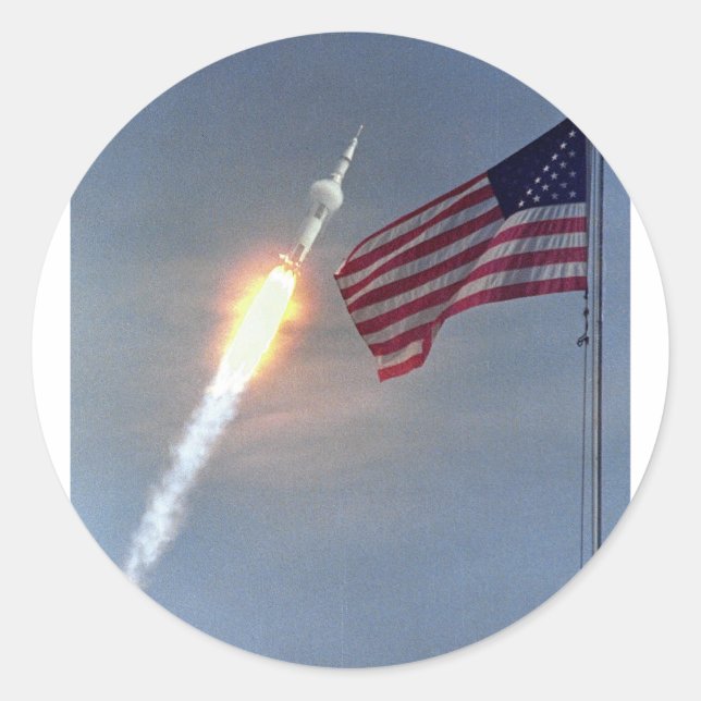 Start von Apollo 11, mit Flagge, NASA Runder Aufkleber (Vorderseite)