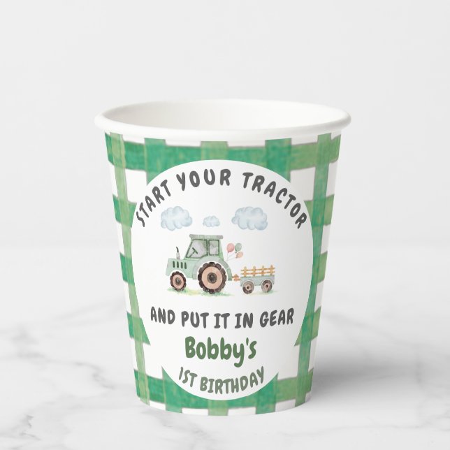 Start Your Tractor 1st Birthday Pappbecher (Vorderseite)