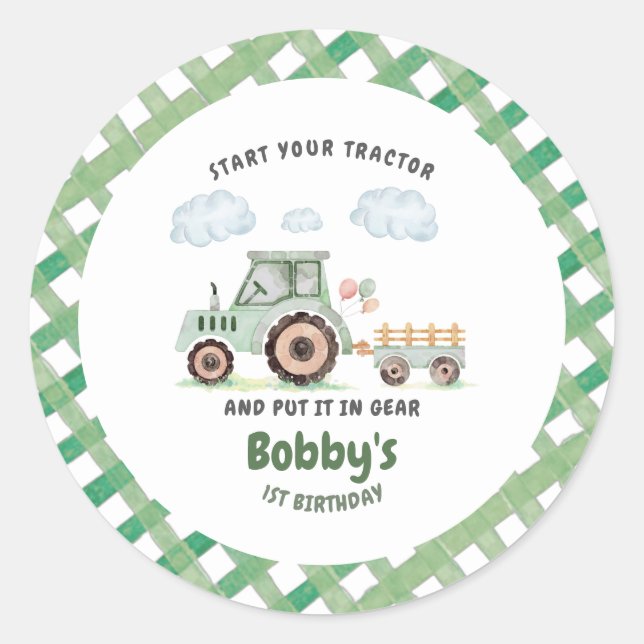 Start Your Tractor 1st Birthday Runder Aufkleber (Vorderseite)