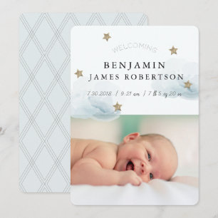 Starts & Clouds Boy Blue Birth Announccard Einladung